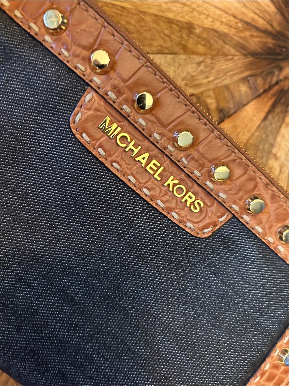 Michael Kors Black Denim and Brown Leather Studded Wristlet - Picture 2 of 8